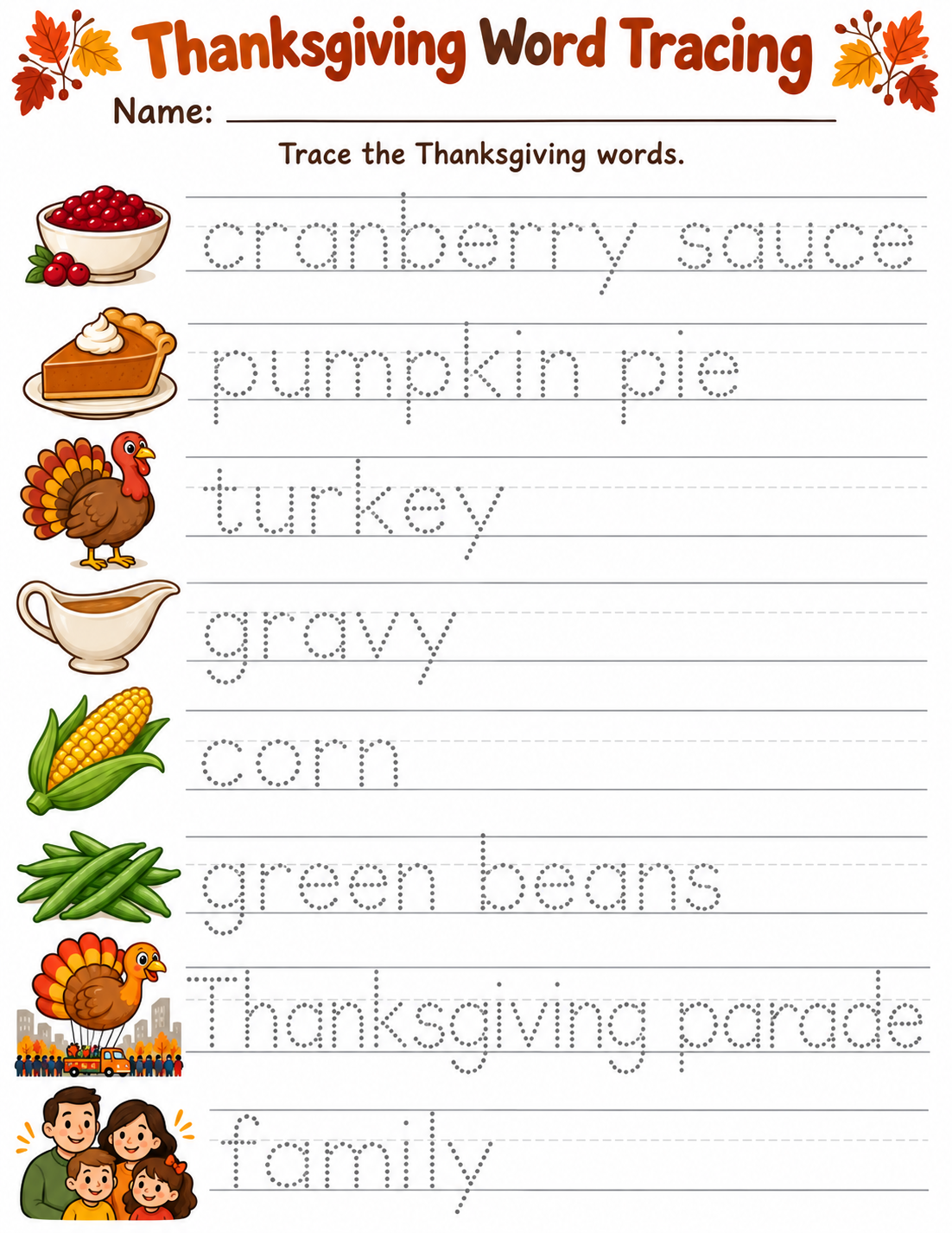 Thanksgiving Words Tracing