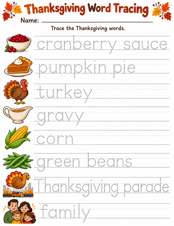Thanksgiving Words Tracing