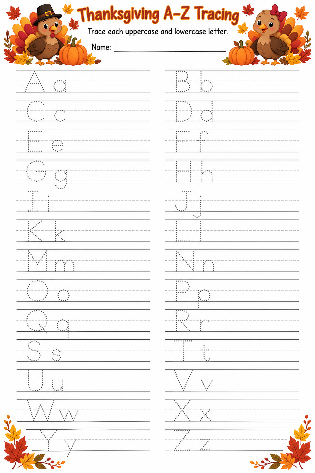 Thanksgiving A-Z Tracing